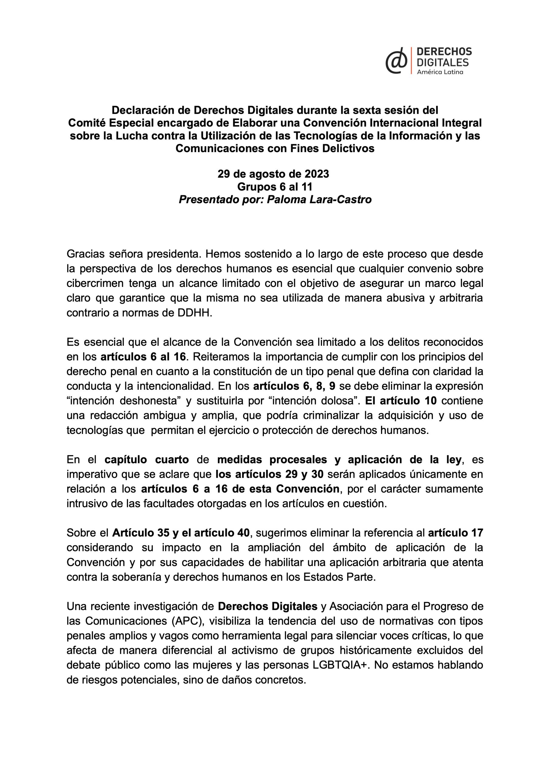 Declaración de Derechos Digitales durante la sexta sesión del Comité Especial encargado de Elaborar una Convención Internacional Integral sobre la Lucha contra la Utilización de las Tecnologías de la Información y las Comunicaciones con Fines Delictivos
