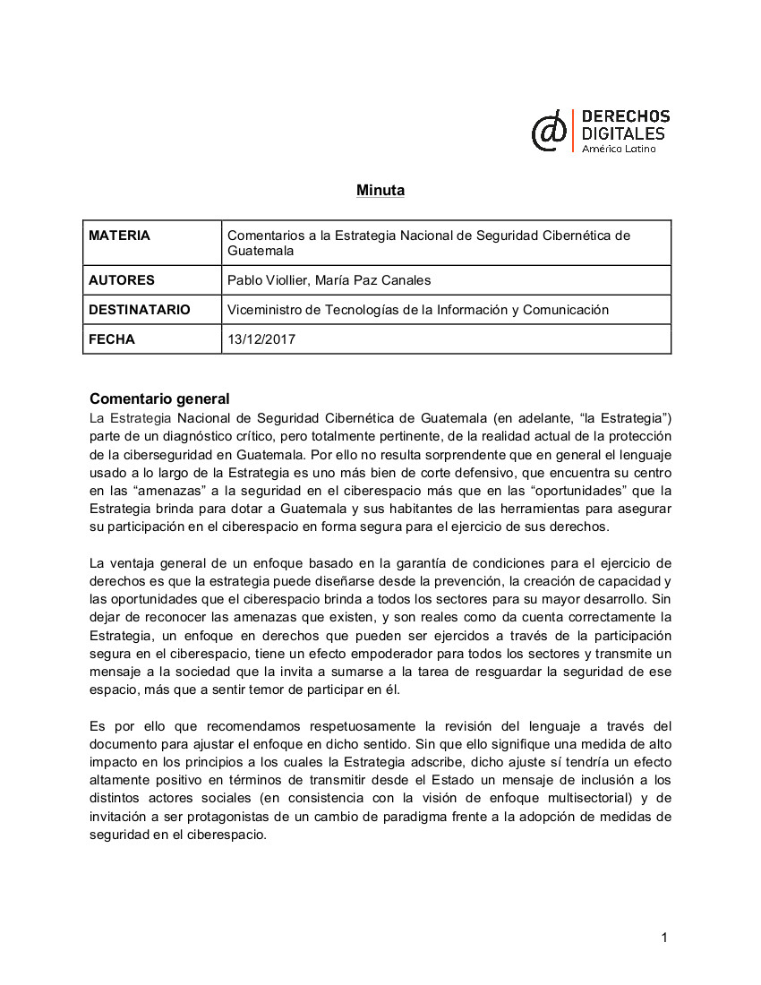 Comentarios a la Estrategia Nacional de Seguridad Cibernética de Guatemala (2017)