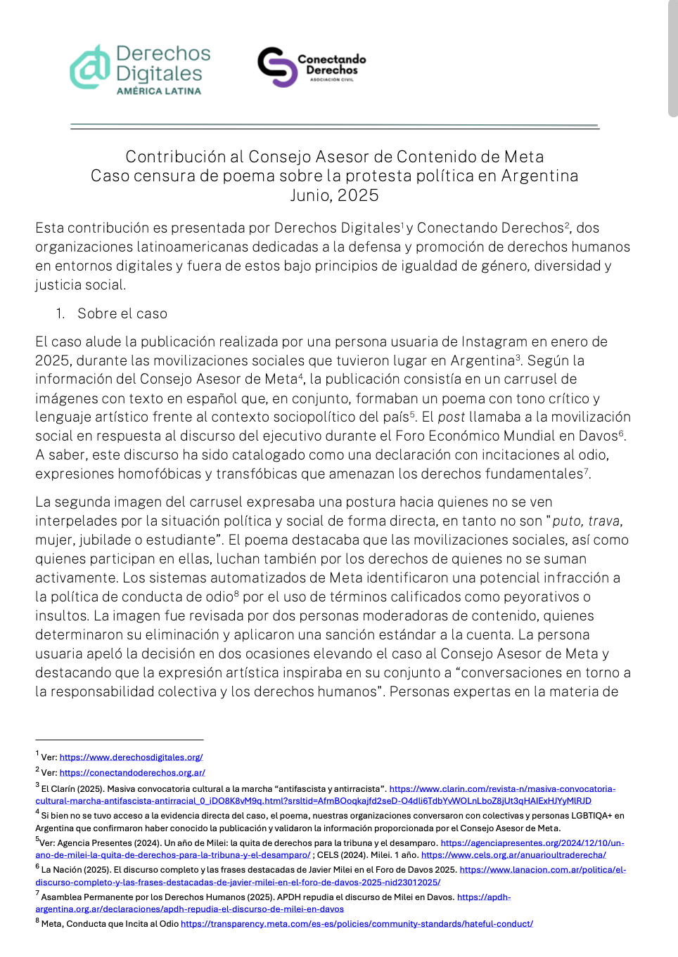 Comentarios al Consejo Asesor de Meta sobre caso de poema político removido en Argentina